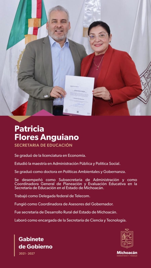 Nombra Alfredo Ramírez Bedolla a Patricia Flores como Nueva Secretaria de Educación  