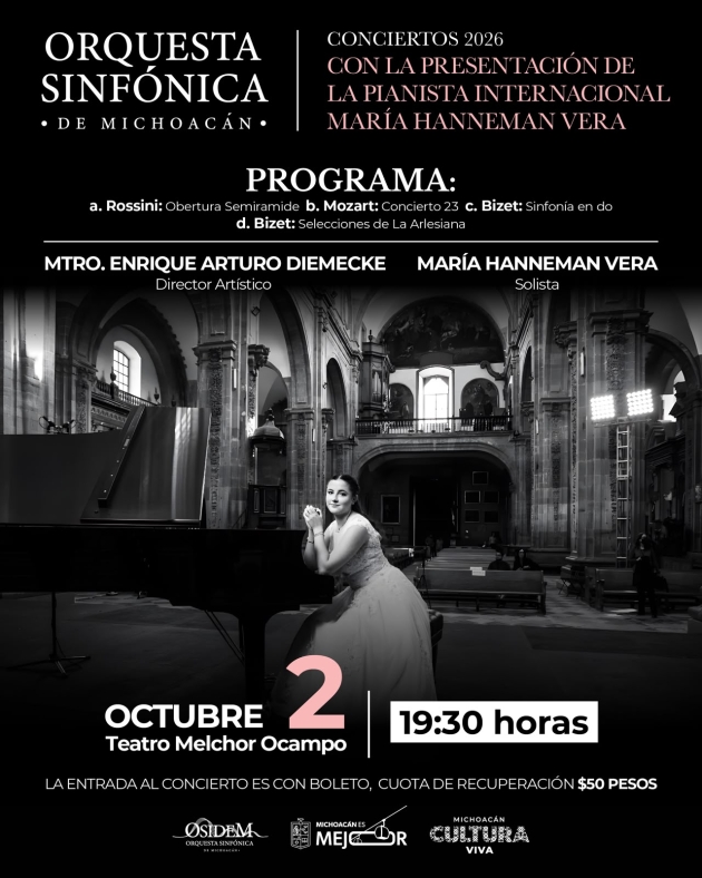 La OSIDEM ofrecerá concierto con la pianista María Hanneman en el Teatro Ocampo