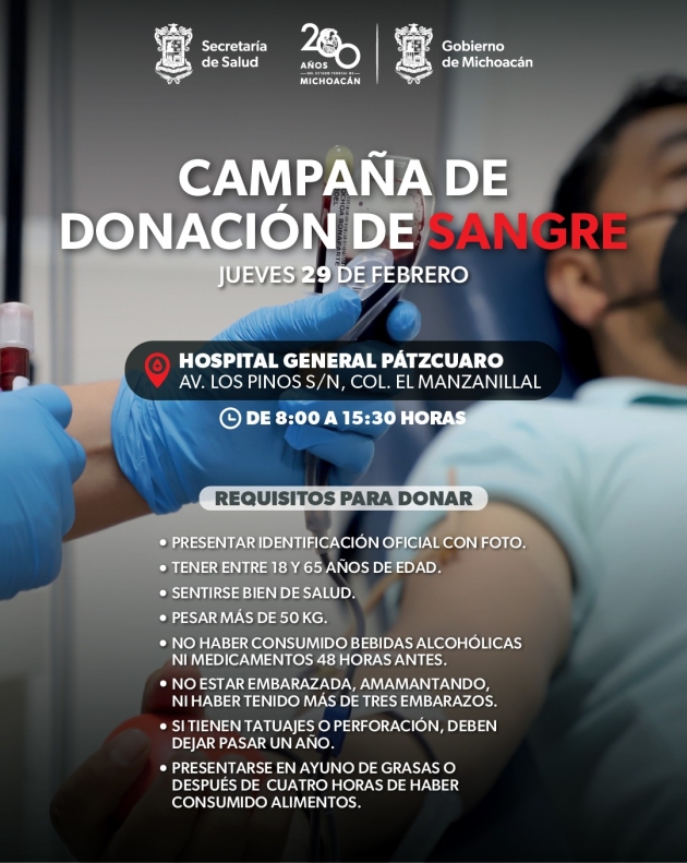 SSM invita a donar sangre a favor de pacientes con cáncer, en Pátzcuaro 