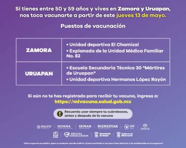 Inicia este jueves en Zamora y Uruapan vacunación a personas de 50 a 59 años 