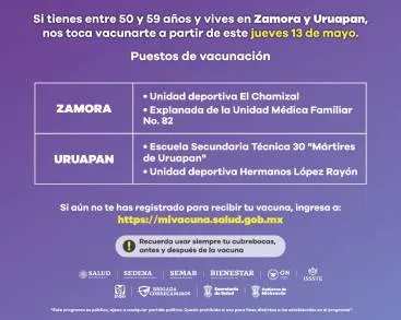 Inicia este jueves en Zamora y Uruapan vacunación a personas de 50 a 59 años 