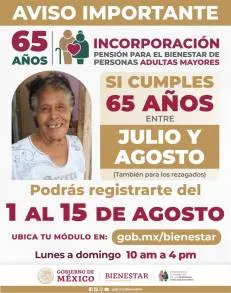 Del 1Â° al 15 de agosto, registro a la Pensión para el Bienestar de las Personas Adultas Mayores 