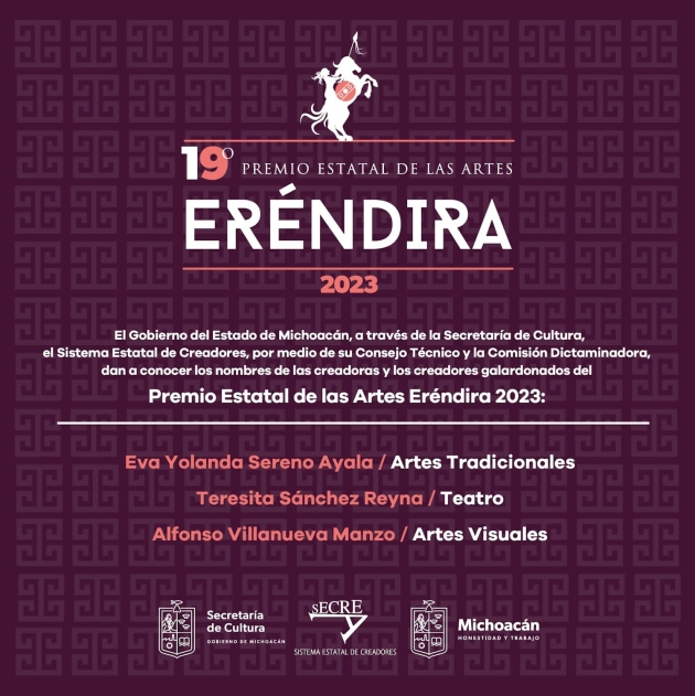 Anuncia Secum a los ganadores del Premio de las Artes Eréndira 