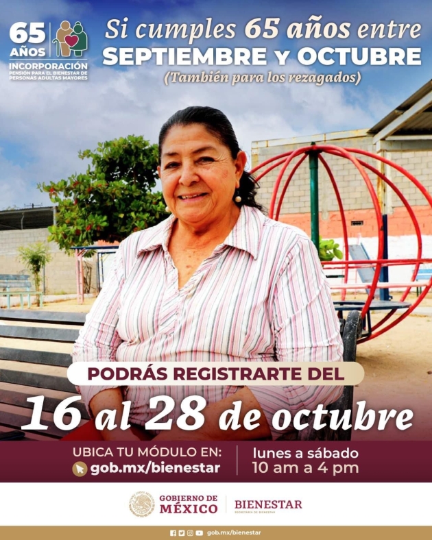 Del 16 al 28 de octubre, registro a la Pensión de Adultos Mayores para quienes cumplen 65 años  