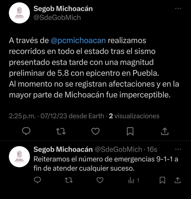 Realiza PC Recorridos de Vigilancia tras registro de Sismo con Resonancia también en Michoacán