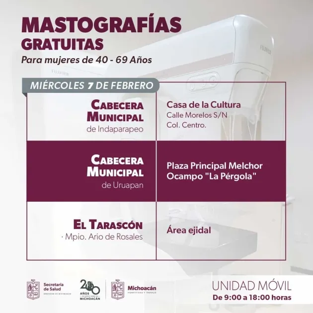 Del 5 al 8 de febrero llevará SSM mastografías gratuitas a 8 municipios 