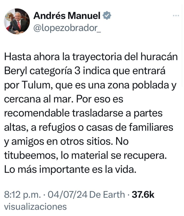 Huracán Beryl se intensifica, AMLO Indica a la población resguardarse en casa o en los refugios temporales