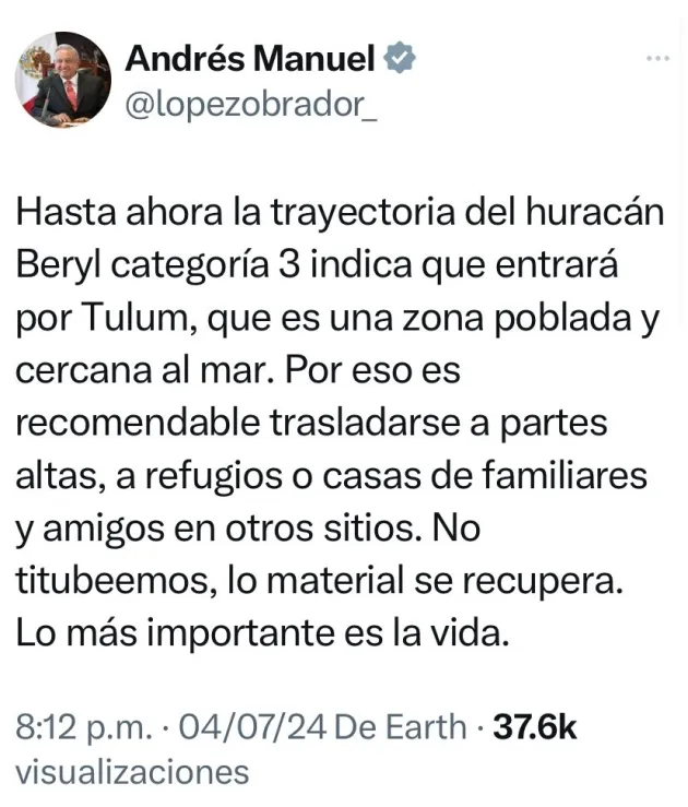 Huracán Beryl se intensifica, AMLO Indica a la población resguardarse en casa o en los refugios temporales