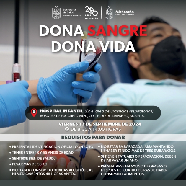 Invita SSM a participar en la colecta de sangre del Hospital Infantil de Morelia 