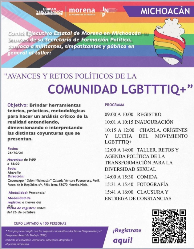 Morena Michoacán llevará a cabo “Avances y retos políticos de la Comunidad LGBTTTIQ+ 