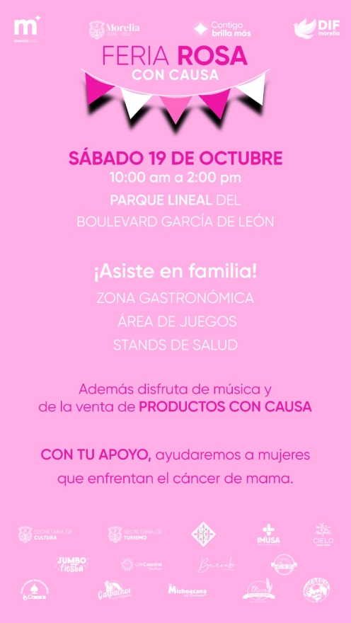 DIF Morelia invita a la Feria Rosa con causa, para apoyar a mujeres que enfrentan cáncer de mama 