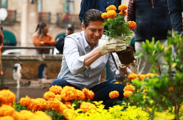 Con miles de flores de cempasúchil ayuntamiento adorna las plazas públicas 