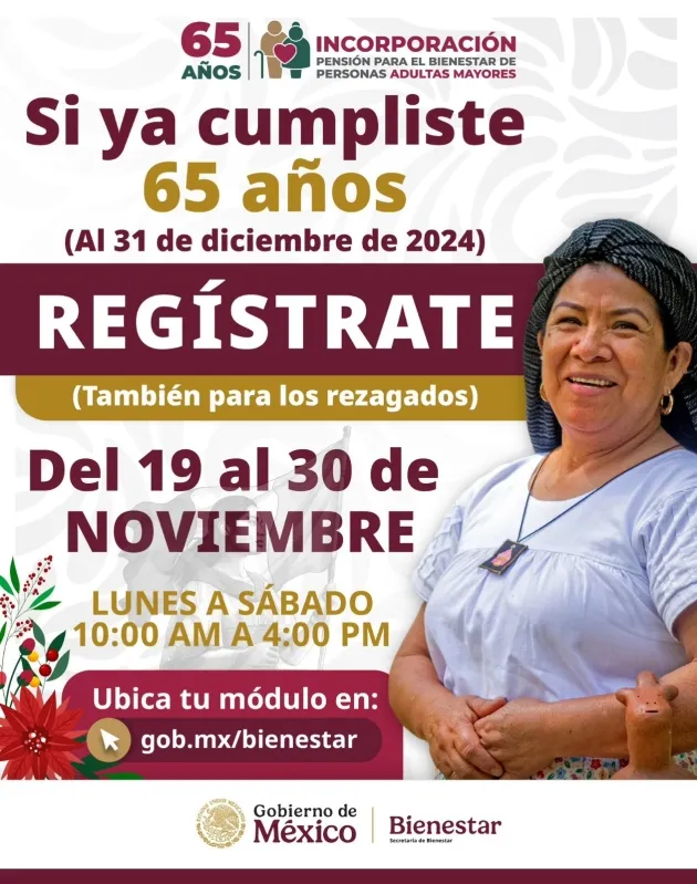 En noviembre, cierra registro a la Pensión Bienestar para Adultos Mayores 
