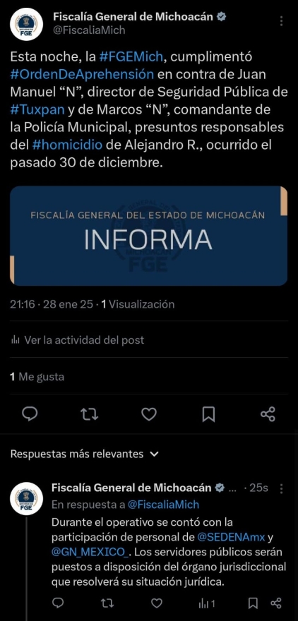 Cumplimenta FGE orden de aprehensión contra servidores públicos de Tuxpan, presuntos Homicidas. 