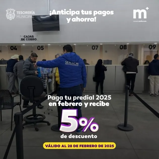 Todo febrero, aprovecha el 5% de descuento en tu predial Morelia 