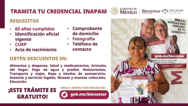 Invita Bienestar a adultos mayores a tramitar credencial del Inapam 