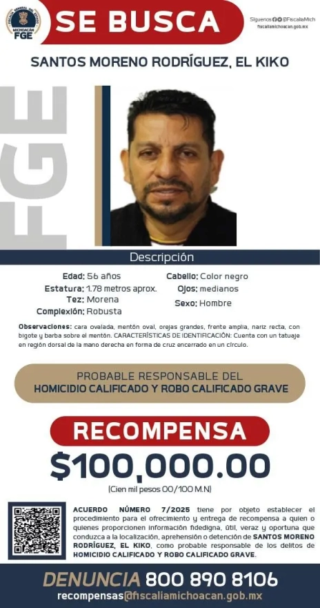 Publican FGE y Gobierno de Michoacán cédula de recompensa para la detención del presunto responsable del homicidio del presidente municipal de Tacámbaro y su escolta
